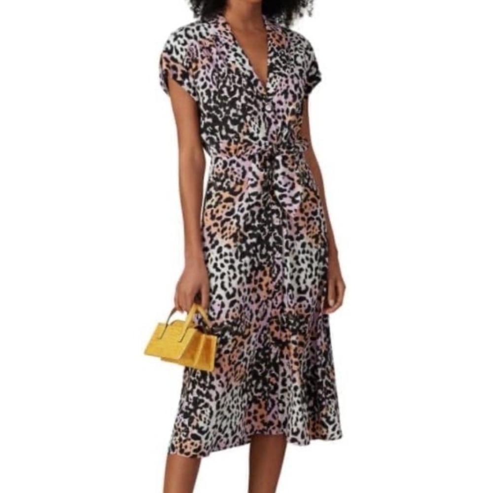 Veronica Beard Amani Watercolor Leopard Print Silk Midi Dress Size 2 Pink Black